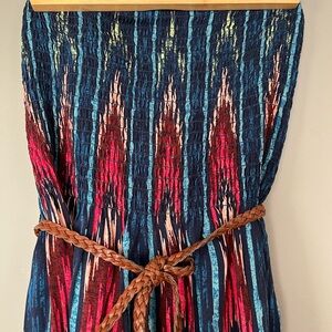 MUDD Y2K Long Dress Strapless Ikat Geometric Boho Flowy Maxi Braided Belt Small